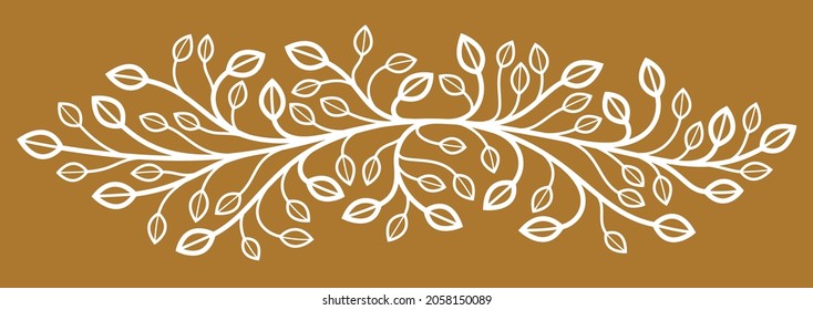 Beautiful linear floral vector design on dark, leaves and branches elegant text divider border element for layouts, fashion style classical emblem, luxury vintage graphics.
