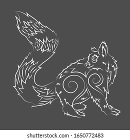 Beautiful linear hand drawn illustration with white vintage lemur sulhouette on the gray background