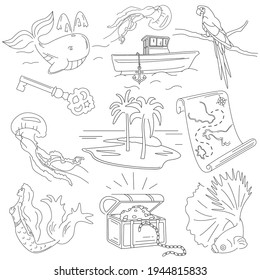 Beautiful linear icons about sea adventures. Black and white illustration for sketchbooks, children's coloring pages. Sketches and cliparts with sea and tropical animals. Large summer set of objects.