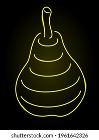 Beautiful linear illustration with colorful illuminated neon yellow pear shape on the dark background