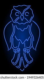 Beautiful linear illustration with colorful neon blue shiny stylized owl silhouette isolated on the dark background