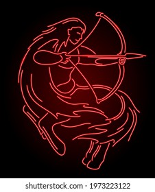 Beautiful linear illustration with colorful neon red stylized shiny saggitarius silhouette on the dark background