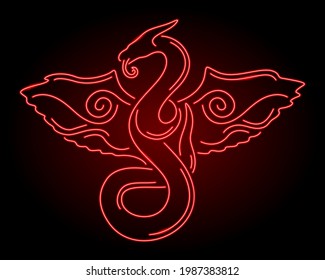 Beautiful linear illustration with colorful neon red shiny chinese dragon silhouette on the dark background