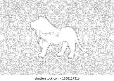 Beautiful linear illustration for coloring book with white lion silhouette on the detailed vintage pattern