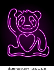 Beautiful linear illustration with pink illuminated neon cartoon panda with heart shape on the dark background