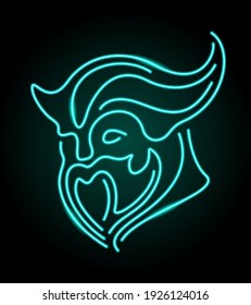 Beautiful linear illustration with shiny blue neon viking head isolated on the dark background