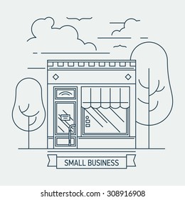 Beautiful linear small shop mini market store facade illustration. Thin line web banner template or graphic design element on small business entrepreneurship