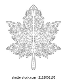 Beautiful linear vector illustration for adult coloring book page with decorative maple leaf isolated on the white background