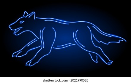 Beautiful linear vector illustration with colorful neon blue running dog silhouette on the dark background