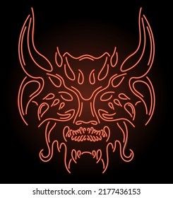 Beautiful linear vector illustration with colorful neon red shiny demon head on the dark background