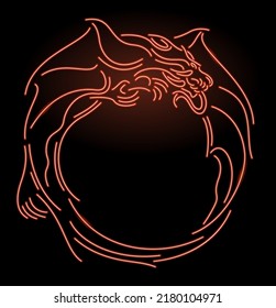 Beautiful linear vector illustration with colorful neon red shiny dragon frame on the dark background