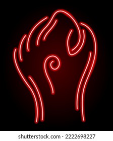 Beautiful linear vector illustration with colorful red neon shiny decorative fist shape on the dark background