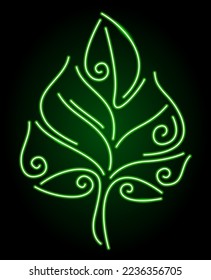 Hermosa ilustración vectorial lineal con colorido neón verde brillante forma de hoja decorativa en el fondo oscuro