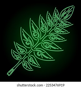 Beautiful linear vector illustration with colorful green neon shiny decorative leaf shape on the dark background