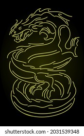 Beautiful linear vector illustration with stylized neon yellow shiny chinese dragon on the dark background