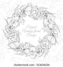 Beautiful linear vintage floral background. Vector illustration elegant wreath with flowers Round floral frame Template greeting card, invitation, banner