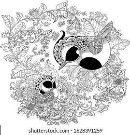 Beautiful lineart of cute bird and mom.Hand drawn vector image for coloring, pre-school coloring,poster ,pattern,game for kids,vector icon,graphic design,birds cartoon illustration,background,clip art