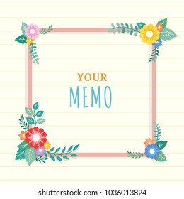 Beautiful lined paper background with colorful flower with leaf ornament frame. Paper sheet for memo, note, quote, greeting card.