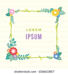 Beautiful lined paper background with colorful flower with leaf ornament frame. Paper sheet for memo, note, quote, greeting card.