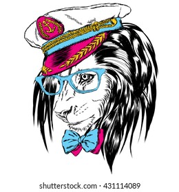 Beautiful lion in the captain's cap. King of beasts. Vector illustration for greeting card, poster, or print on clothes. Sailor.