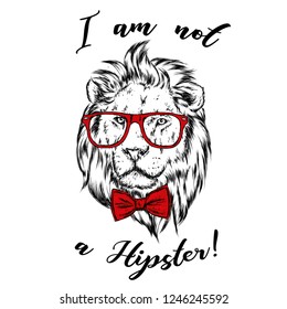 A beautiful lion with glasses and tie. Predator. Vector illustration for postcard or poster, print for clothes or backpack.