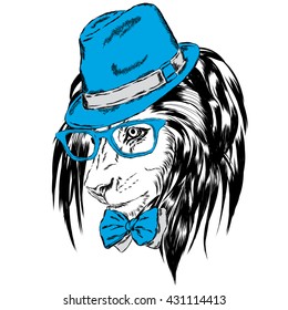 Beautiful lion in a hat and sunglasses. King of beasts. Vector illustration for greeting card, poster, or print on clothes.