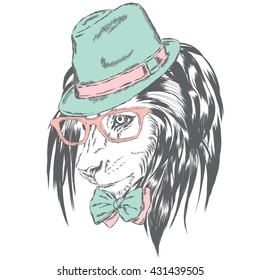 Beautiful lion in a hat and sunglasses. King of beasts. Vector illustration for greeting card, poster, or print on clothes.