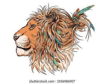 Beautiful lion head in boho style illustration. Illustration in a hand-drawn style. Wild animal with pigtails and feathers. Stylish image for printing on any surface