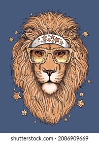 Beautiful lion head in sunglasses. Illustration in a hand-drawn style. Stylish image for printing on any surface