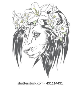 Beautiful lion wearing a crown of flowers. King of beasts. Vector illustration for greeting card, poster, or print on clothes.