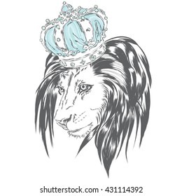 Beautiful lion wearing a crown. King of beasts. Vector illustration for greeting card, poster, or print on clothes.