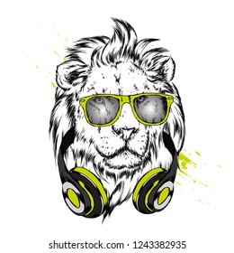 A beautiful lion wearing headphones and glasses. Predator. Vector illustration for postcard or poster, print for clothes or backpack.