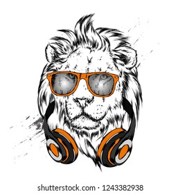 A beautiful lion wearing headphones and glasses. Predator. Vector illustration for postcard or poster, print for clothes or backpack.