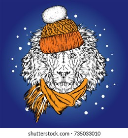 A beautiful lion in a winter hat and scarf. Vector illustration for a postcard, poster, print for clothes or accessories. New Year's and Christmas.