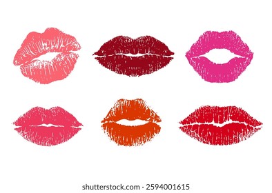 Beautiful lip imprint set. Lip prints painted with lipstick of different colors. Isolated on white. Women's lips lipstick kiss print set for valentine day and love illustration