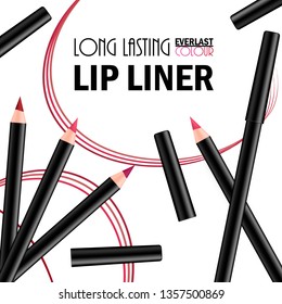 Beautiful Lip Liner Poster for the promotion of cosmetic premium product. Cosmetic ads for packaging  with liquid smear ink elements. Design of New Product. 3d Vector Illustration