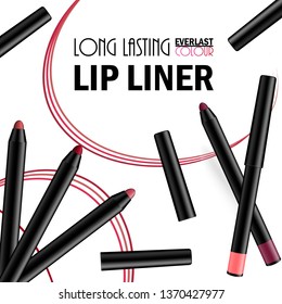 Beautiful Lip Liner Poster for the promotion of cosmetic premium product. Cosmetic ads for packaging  with liquid smear ink elements. Design of New Product. 3d Vector Illustration