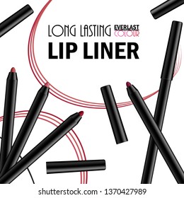 Beautiful Lip Liner Poster for the promotion of cosmetic premium product. Cosmetic ads for packaging  with liquid smear ink elements. Design of New Product. 3d Vector Illustration