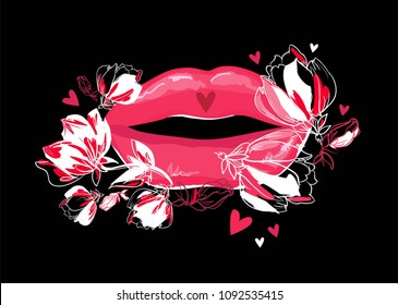 Beautiful lips with flowers vector illustration, sketch Lipstick kiss illustration, valentines day design element