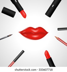 Beautiful lips with makeup accessories. Brush, lipstick and lip liner. Vector illustration
