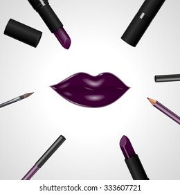 Beautiful lips with makeup accessories. Brush, lipstick and lip liner. Vector illustration