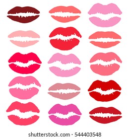 Paleta de labios hermosa. Ilustración vectorial con estampado de labios en diferentes Formas, colores. Muestra de color de maquillaje de salón de belleza 