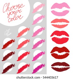 Beautiful lips palette. Vector illustration with lips print in different shapes, colors. Beauty salon makeup design