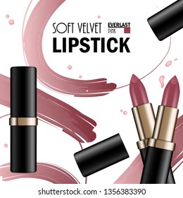 Beautiful Lipstick Poster for the promotion of cosmetic premium product. Cosmetic ads for packaging  with liquid smear ink elements. Design of New Product. 3d Vector Illustration