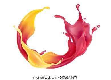 Beautiful liquid colors of juice splashing isolated on a white background in Vector 3d illustration. Food and drink concept.