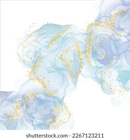 Beautiful liquid marble watercolor background with white gold glitter lines and brush stains. Teal turquoise marbled alcohol ink drawing effect. Vector illustration