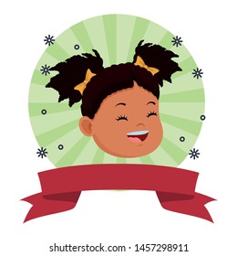 Beautiful little african american girl smiling face on round striped emblem with blank ribbon banner ,vector illustration graphic design.