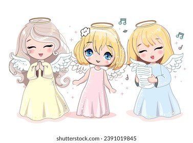 Beautiful little angels sing a song on a white background. Cartoon christmas card