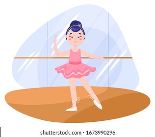 Beautiful little balerina girl performing in the dance class. Girl in pink clothes dance ballet. Kid dancing wearing a tutu and pointe shoes. Ballerina in costume. Vector illustration in flat style.