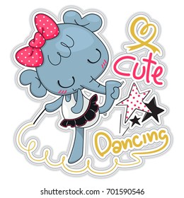 Beautiful little ballerina elephant in ballet suit wearing a pink bow on her head dancing with ribbon wand illustration vector.